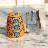 Hand Painted 3 Tier Steel Tiffin Box - Orange